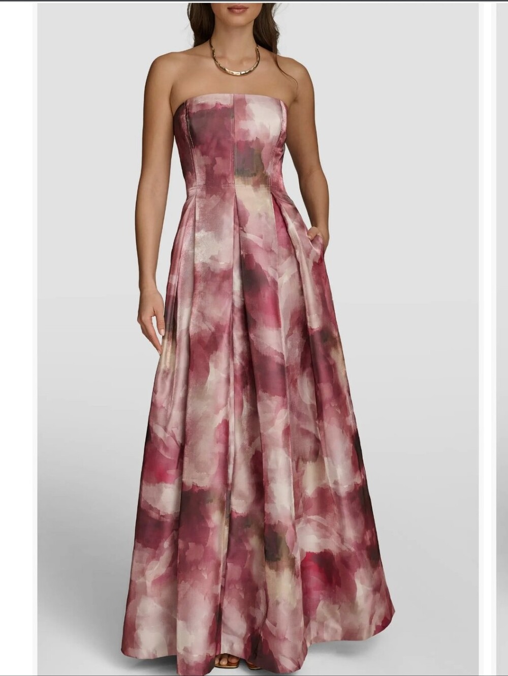 Donna Karan NWT $329 Floral Strapless Pleated Maxi Gown Formal Dress Luxury